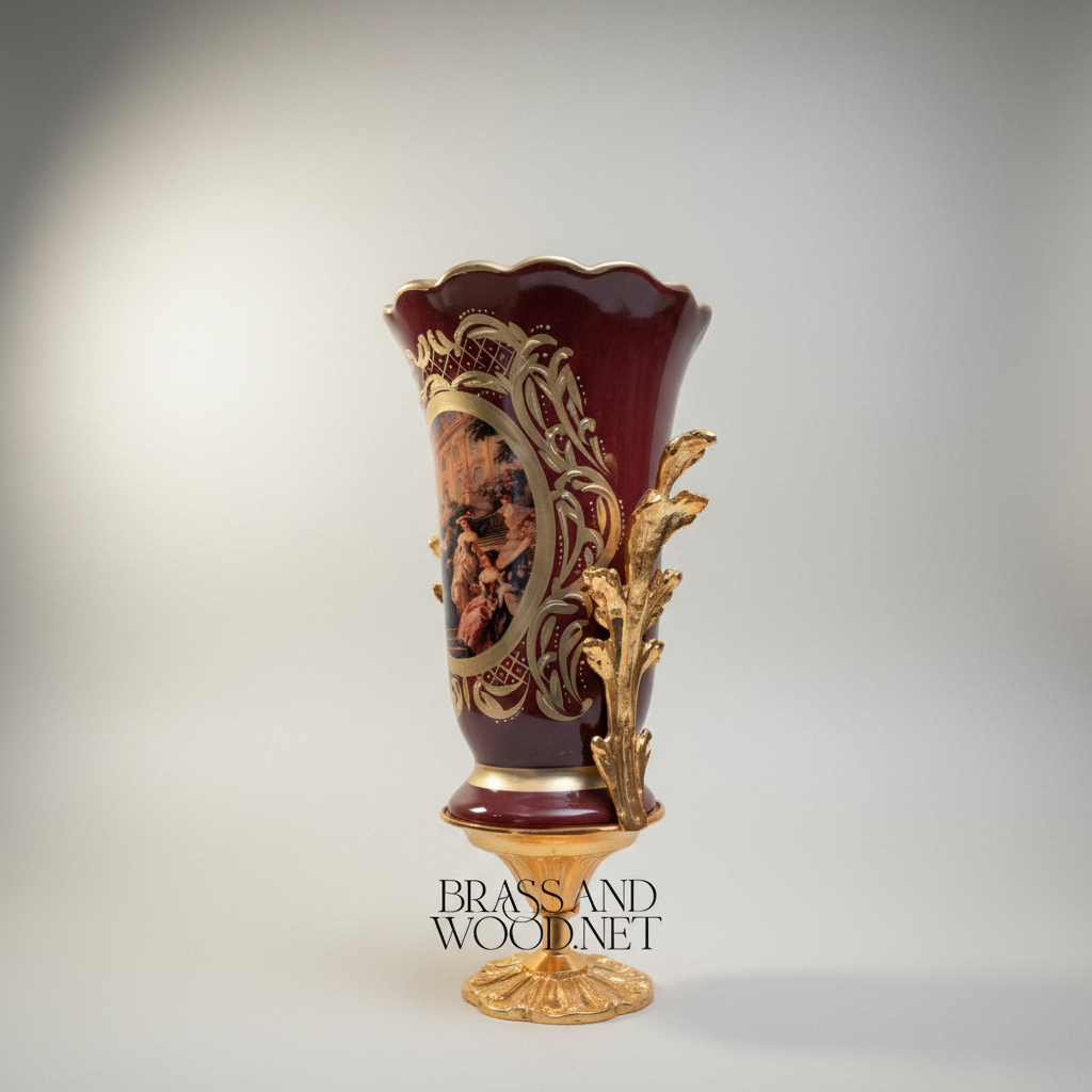 Baroque Trophy Vase in Wine Ceramic with Gilt Brass Acanthus Mounts & Scenic Medallion