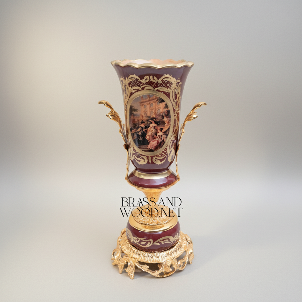 Baroque Trophy Vase in Wine Ceramic with Gilt Brass Acanthus Mounts & Scenic Medallion