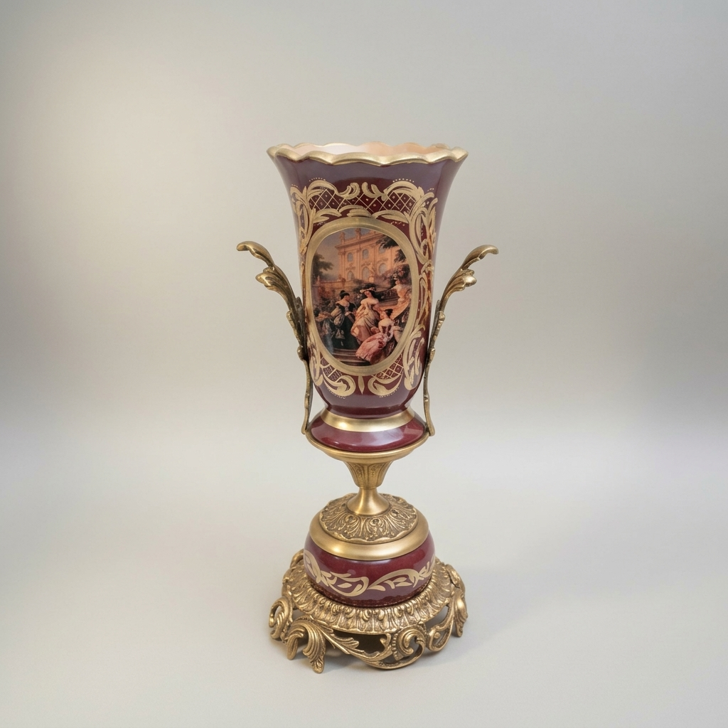 Baroque Trophy Vase in Wine Ceramic with Gilt Brass Acanthus Mounts & Scenic Medallion — Antique Gold