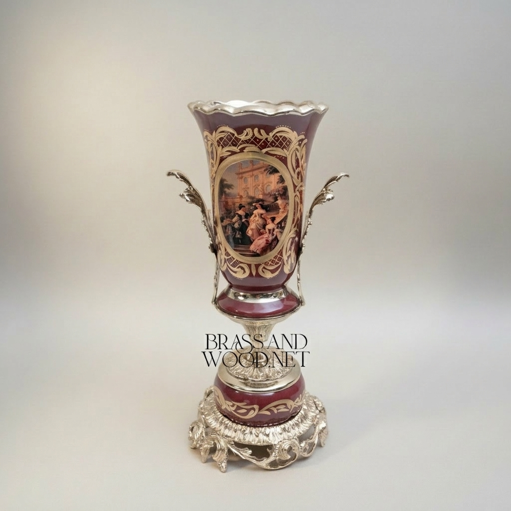 Baroque Trophy Vase in Wine Ceramic with Gilt Brass Acanthus Mounts & Scenic Medallion — Silver