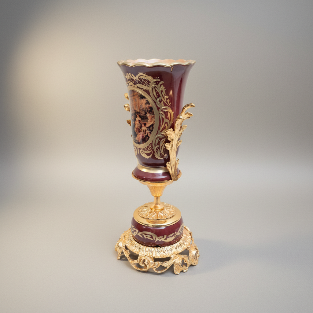 Baroque Trophy Vase in Wine Ceramic with Gilt Brass Acanthus Mounts & Scenic Medallion — Gold