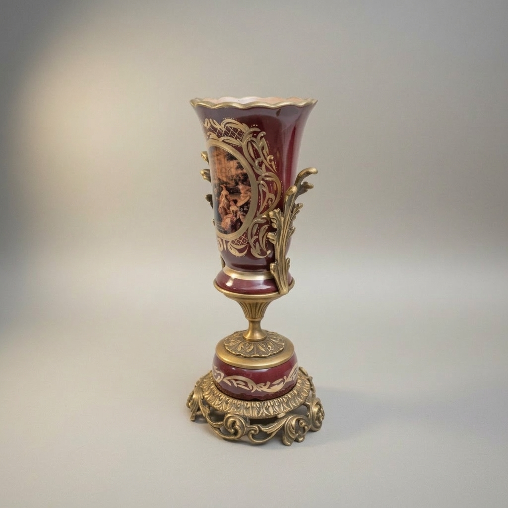 Baroque Trophy Vase in Wine Ceramic with Gilt Brass Acanthus Mounts & Scenic Medallion — Antique Gold