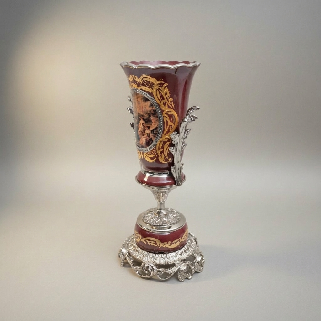 Baroque Trophy Vase in Wine Ceramic with Gilt Brass Acanthus Mounts & Scenic Medallion — Silver