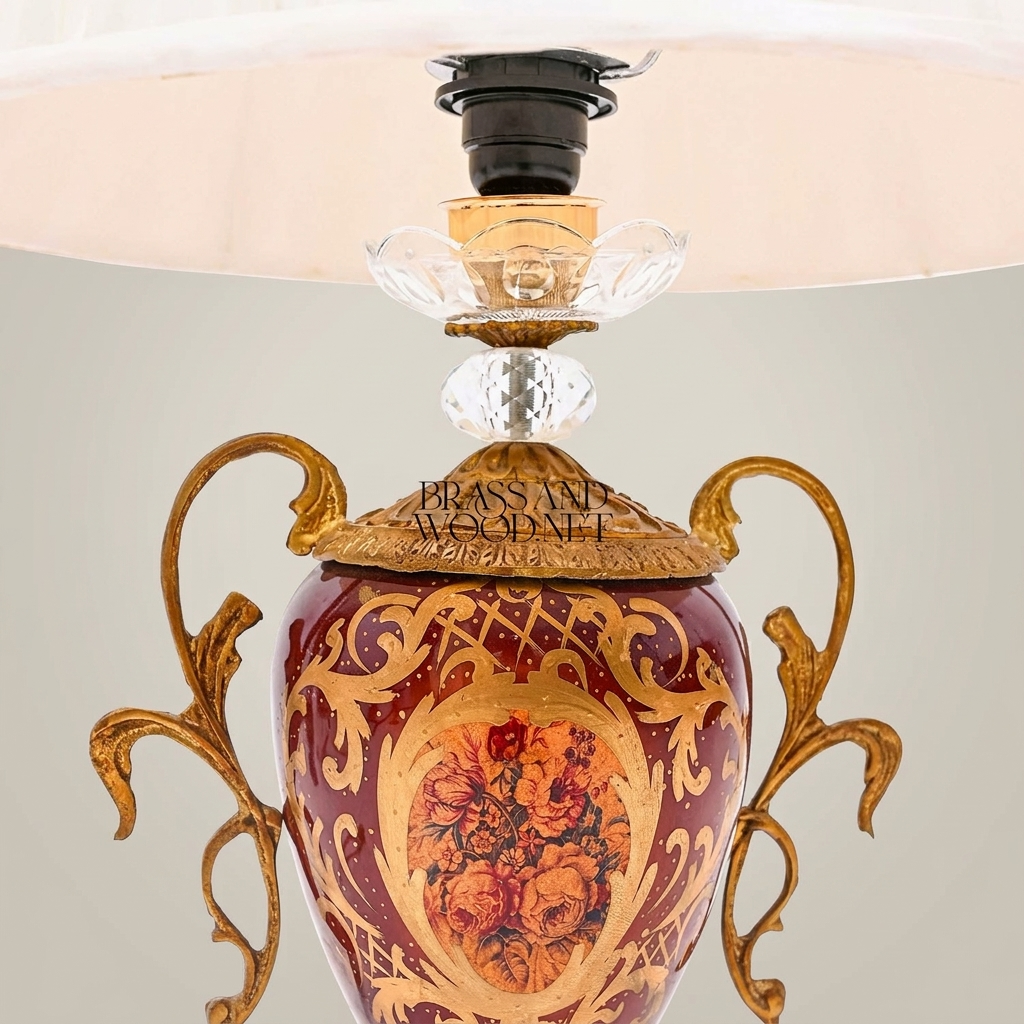 Baroque Urn Table Lamp with Hand-Painted Floral Ceramic Body & Crystal Accent — Antique Gold