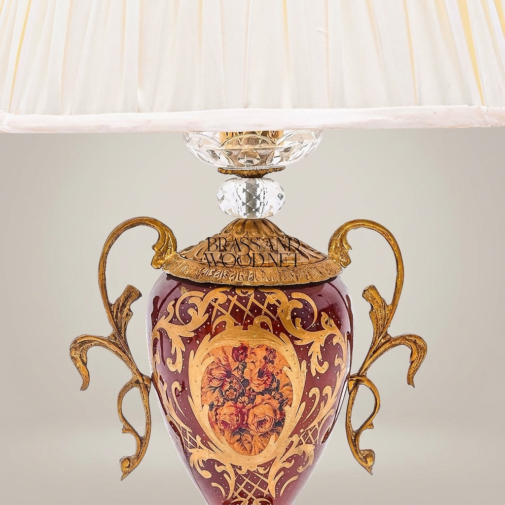 Baroque Urn Table Lamp with Hand-Painted Floral Ceramic Body & Crystal Accent — Antique Gold
