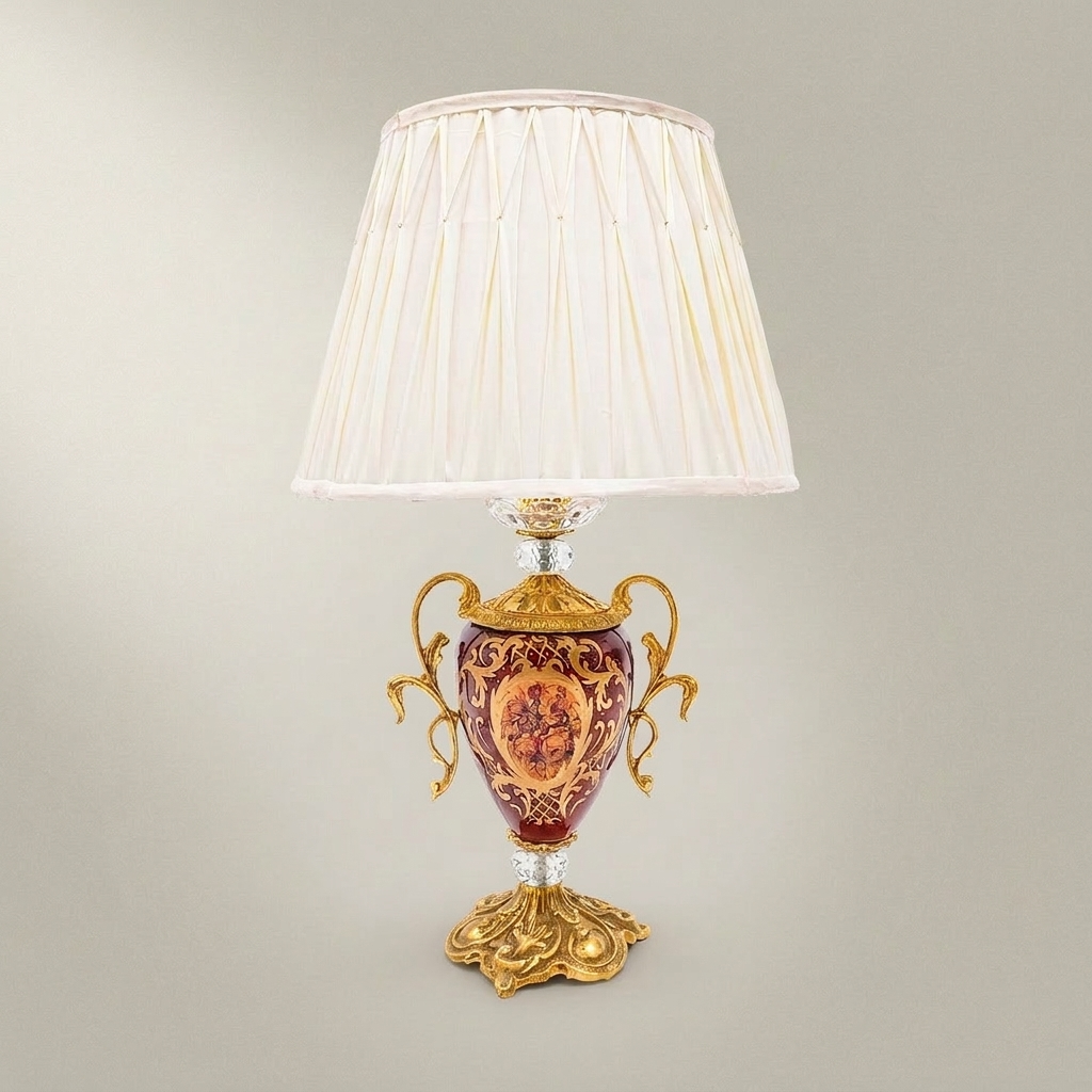 Baroque Urn Table Lamp with Hand-Painted Floral Ceramic Body & Crystal Accent — Gold