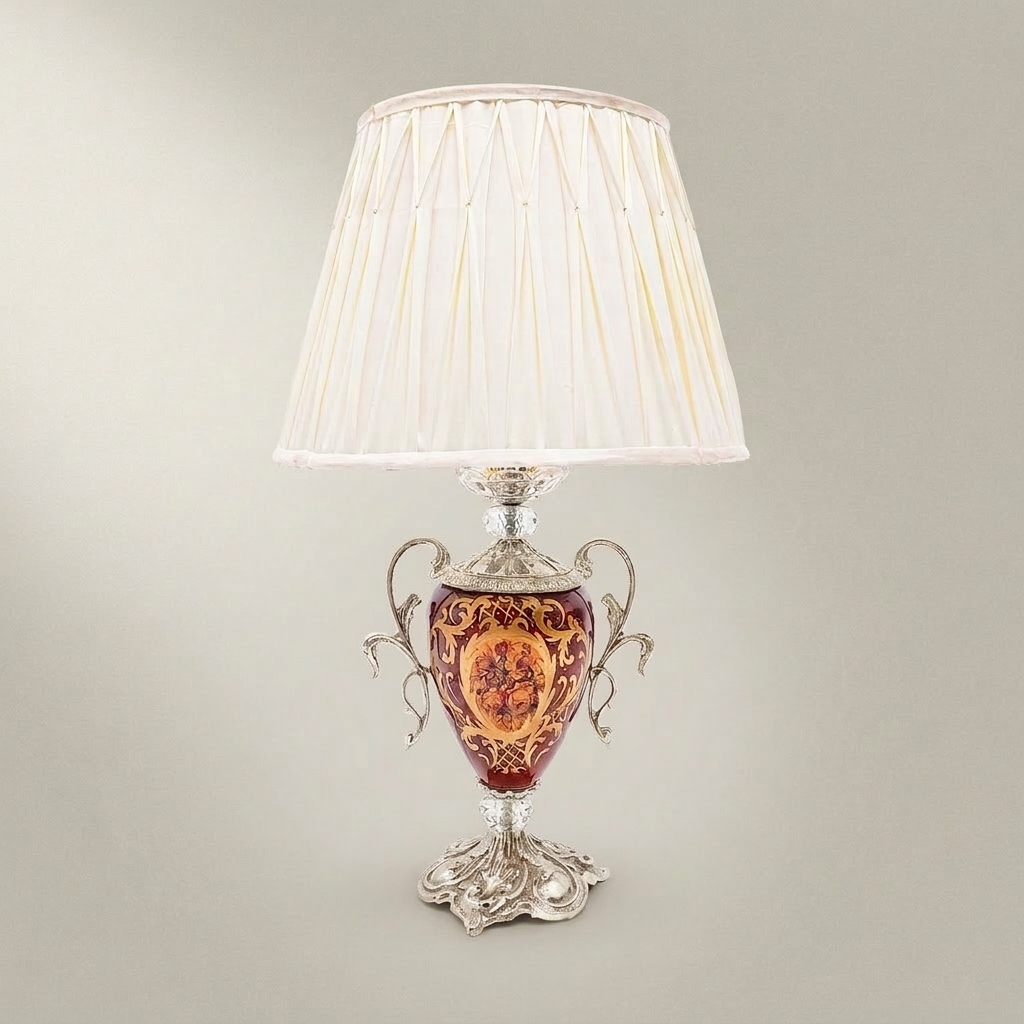 Baroque Urn Table Lamp with Hand-Painted Floral Ceramic Body & Crystal Accent — Silver