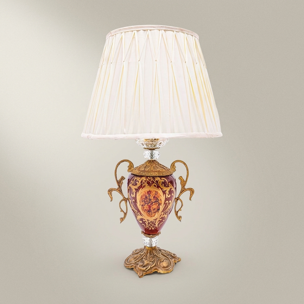 Baroque Urn Table Lamp with Hand-Painted Floral Ceramic Body & Crystal Accent — Antique Gold