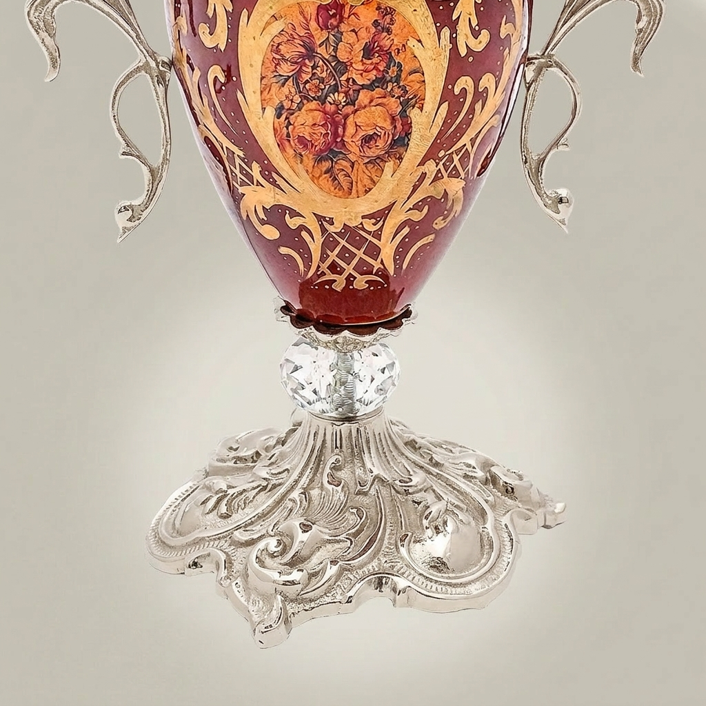 Baroque Urn Table Lamp with Hand-Painted Floral Ceramic Body & Crystal Accent — Silver