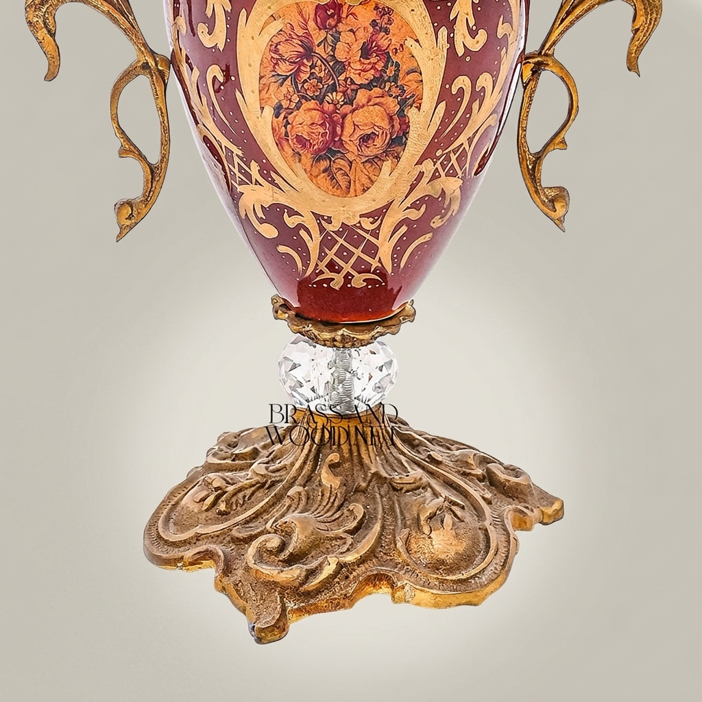 Baroque Urn Table Lamp with Hand-Painted Floral Ceramic Body & Crystal Accent — Antique Gold
