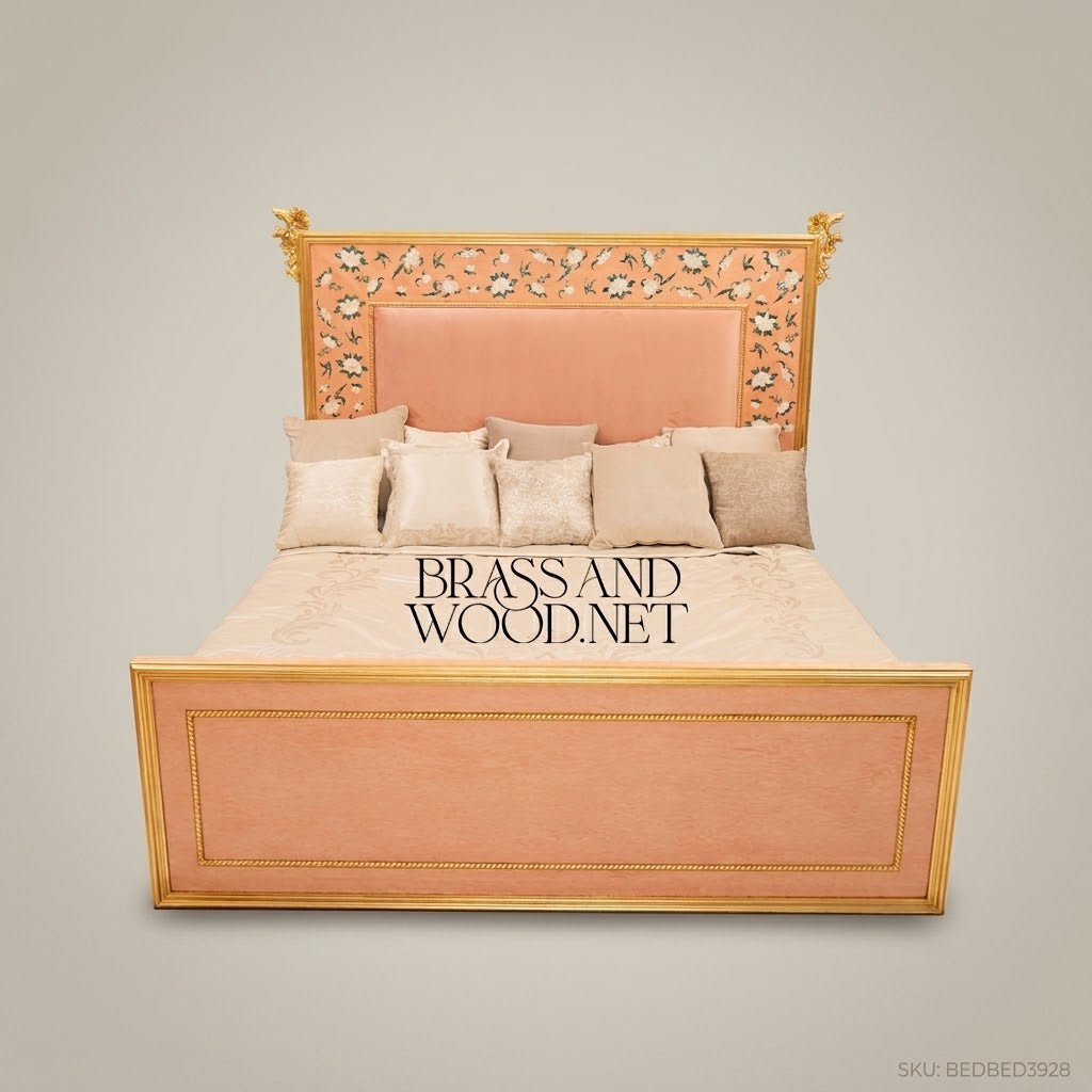 Napoleon III Rococo Revival Super King Bed — Floral Marquetry Headboard with Gilt Rose Corner Mounts