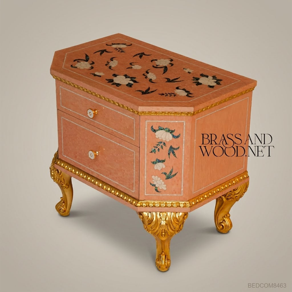 Belle Époque Floral Inlay Complete Bedroom Set — Coral Lacquer & Gold Leaf Carving