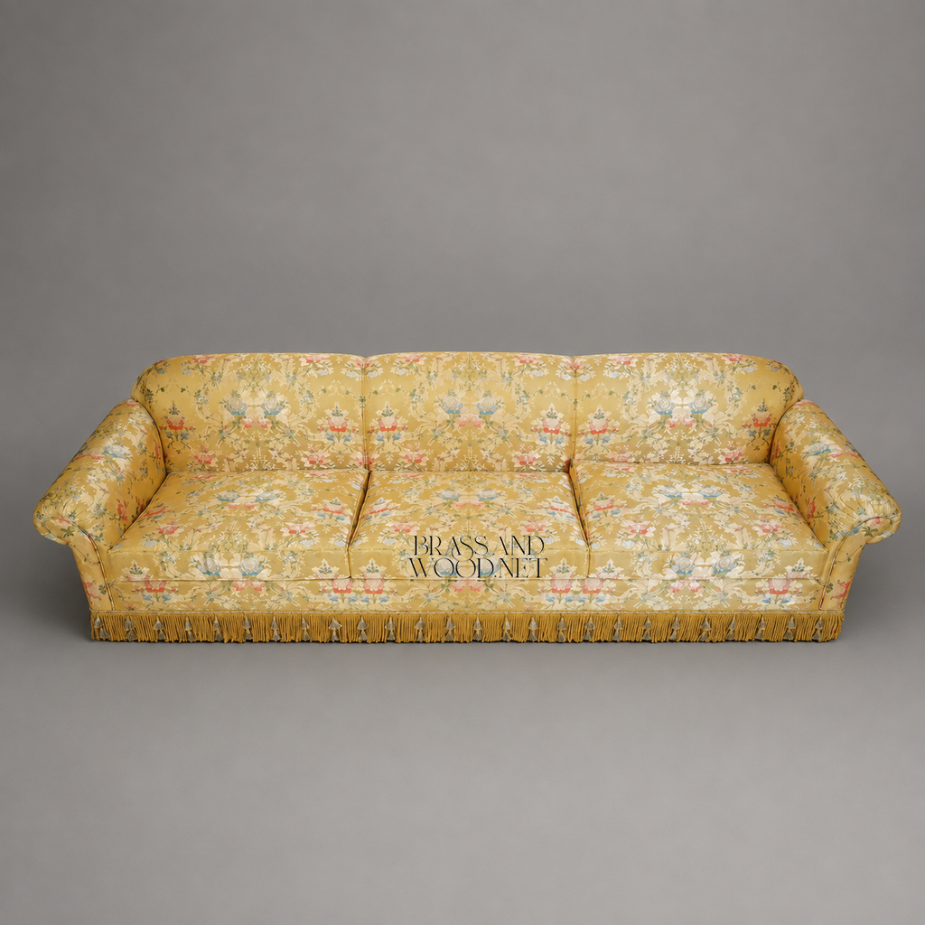 Belle Époque Floral Jacquard Grand Salon Sofa with Tassel Fringe Skirt Front View 3 | Brass & Wood