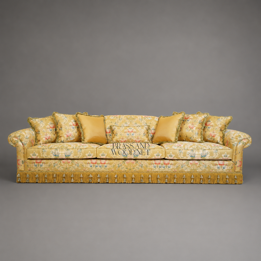 Belle Époque Floral Jacquard Grand Salon Sofa with Tassel Fringe Skirt Front View | Brass & Wood