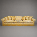 Belle Époque Floral Jacquard Grand Salon Sofa with Tassel Fringe Skirt Front View | Brass & Wood