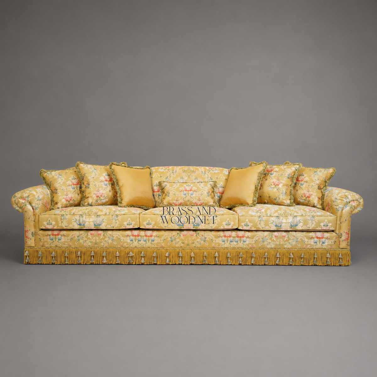 Belle Époque Floral Jacquard Grand Salon Sofa with Tassel Fringe Skirt Front View | Brass & Wood