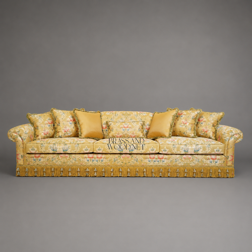Belle Époque Floral Jacquard Grand Salon Sofa with Tassel Fringe Skirt Front View | Brass & Wood