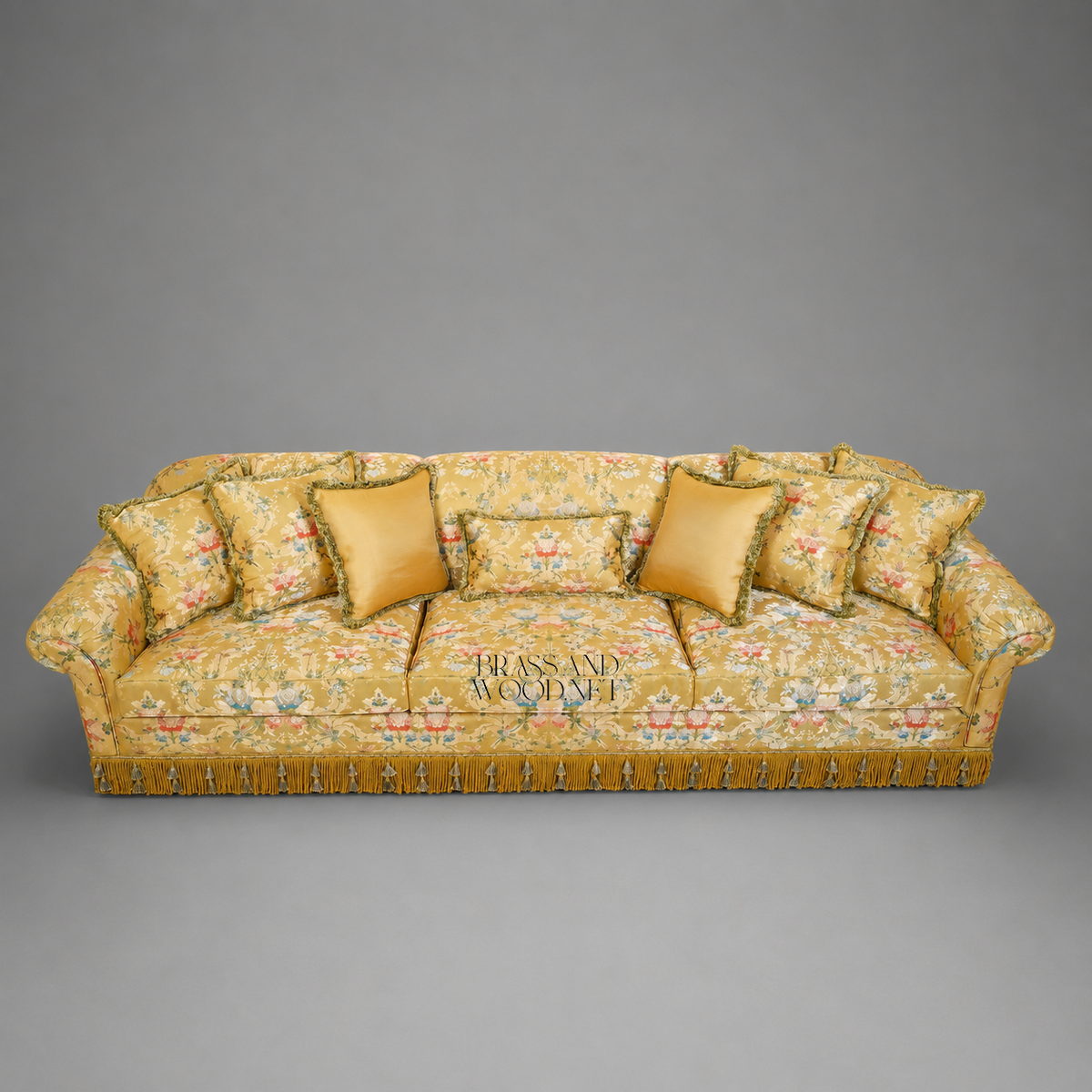 Belle Époque Floral Jacquard Grand Salon Sofa with Tassel Fringe Skirt Front View 2 | Brass & Wood