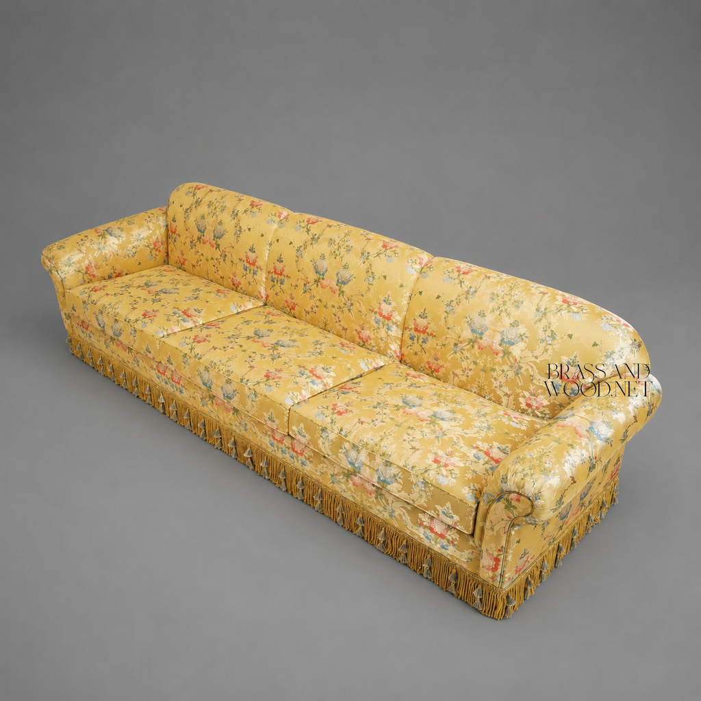 Belle Époque Floral Jacquard Grand Salon Sofa with Tassel Fringe Skirt Elevated View | Brass & Wood