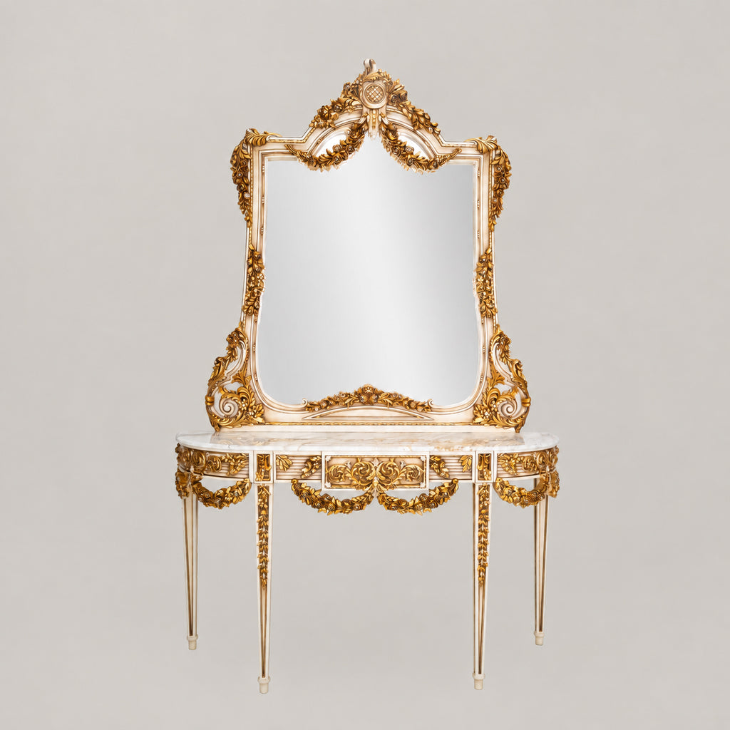 Belle Époque heavily carved gilded demi-lune console table with floral swag garlands, Carrara marble top and matching ornate console mirror Main View | Brass & Wood