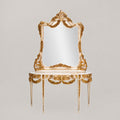 Belle Époque heavily carved gilded demi-lune console table with floral swag garlands, Carrara marble top and matching ornate console mirror Main View | Brass & Wood