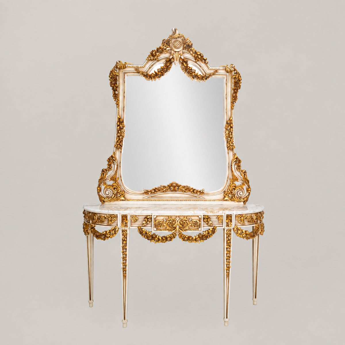 Belle Époque heavily carved gilded demi-lune console table with floral swag garlands, Carrara marble top and matching ornate console mirror Main View | Brass & Wood