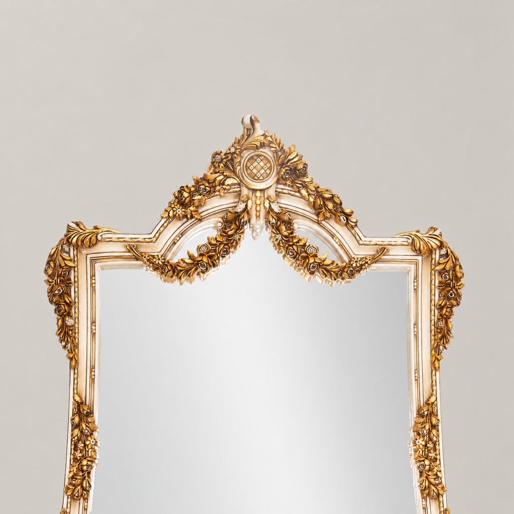 Belle Époque heavily carved gilded demi-lune console table with floral swag garlands, Carrara marble top and matching ornate console mirror View 3 | Brass & Wood
