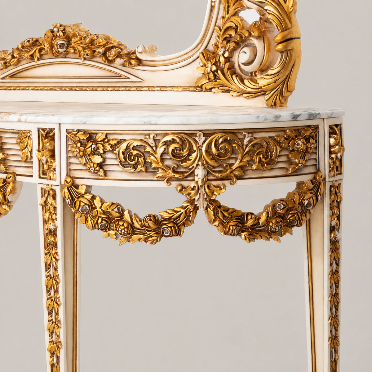 Belle Époque heavily carved gilded demi-lune console table with floral swag garlands, Carrara marble top and matching ornate console mirror View 4 | Brass & Wood