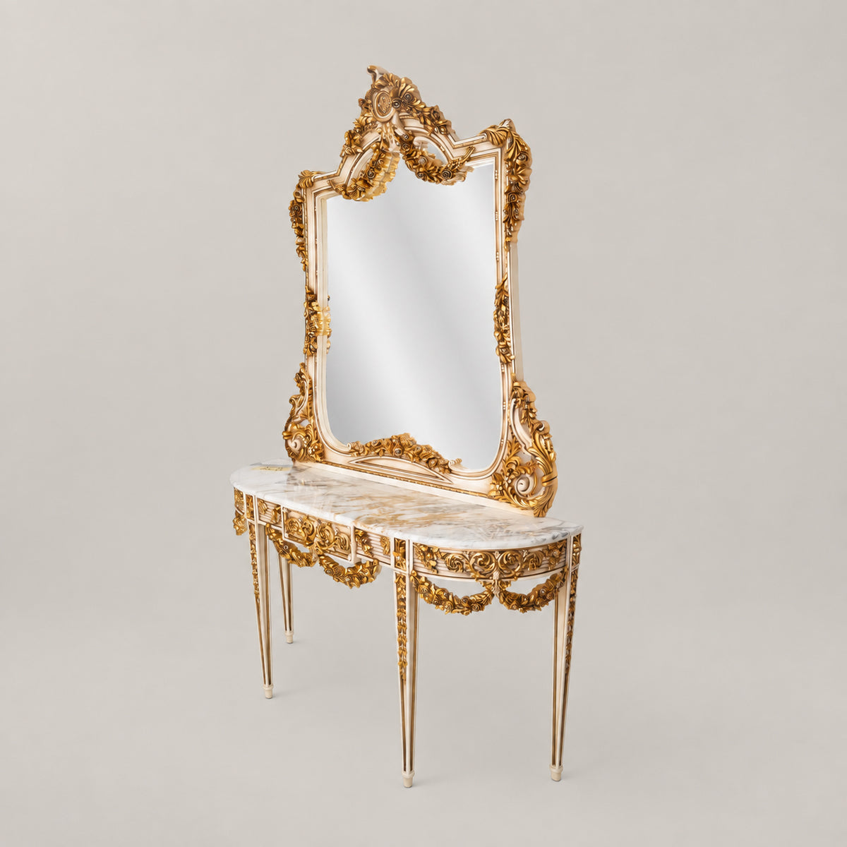 Belle Époque heavily carved gilded demi-lune console table with floral swag garlands, Carrara marble top and matching ornate console mirror View 5 | Brass & Wood