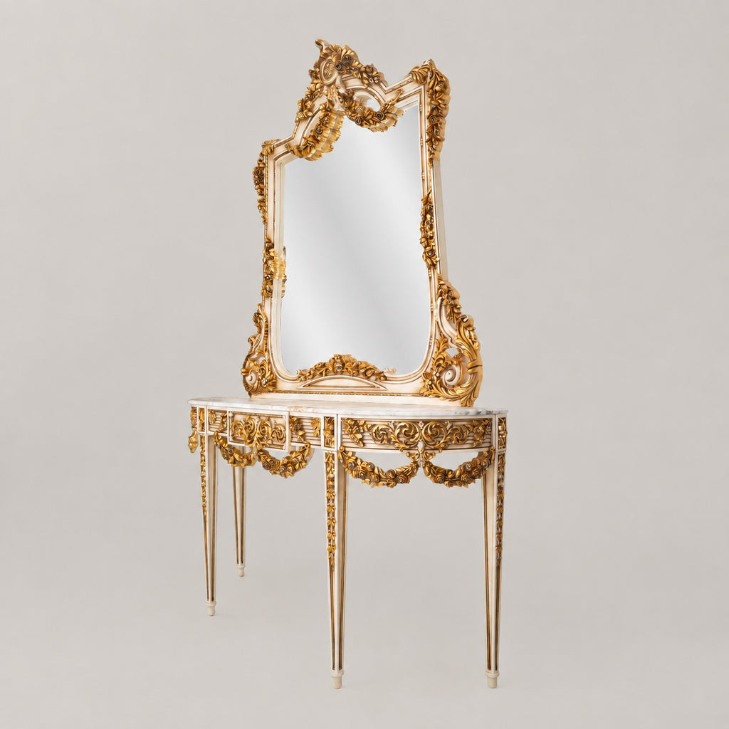 Belle Époque heavily carved gilded demi-lune console table with floral swag garlands, Carrara marble top and matching ornate console mirror View 6 | Brass & Wood