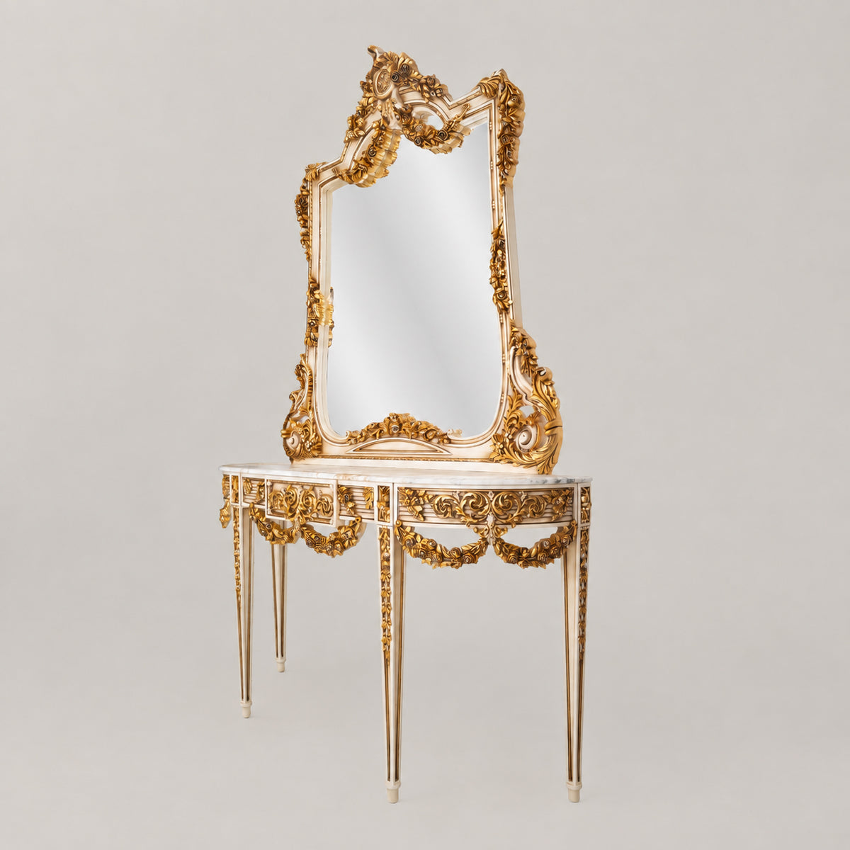 Belle Époque heavily carved gilded demi-lune console table with floral swag garlands, Carrara marble top and matching ornate console mirror View 6 | Brass & Wood