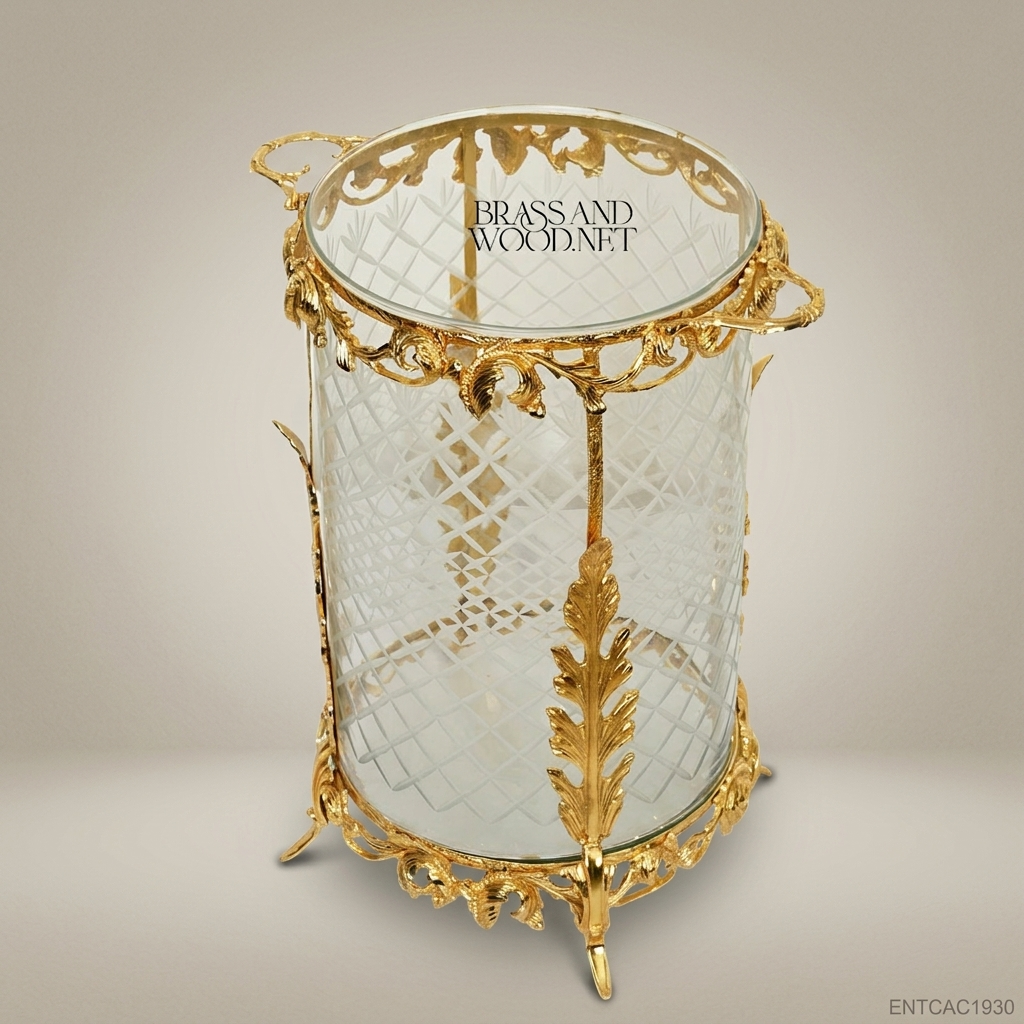 Louis XV Rococo Brass & Etched Glass Cachepot with Acanthus Frame