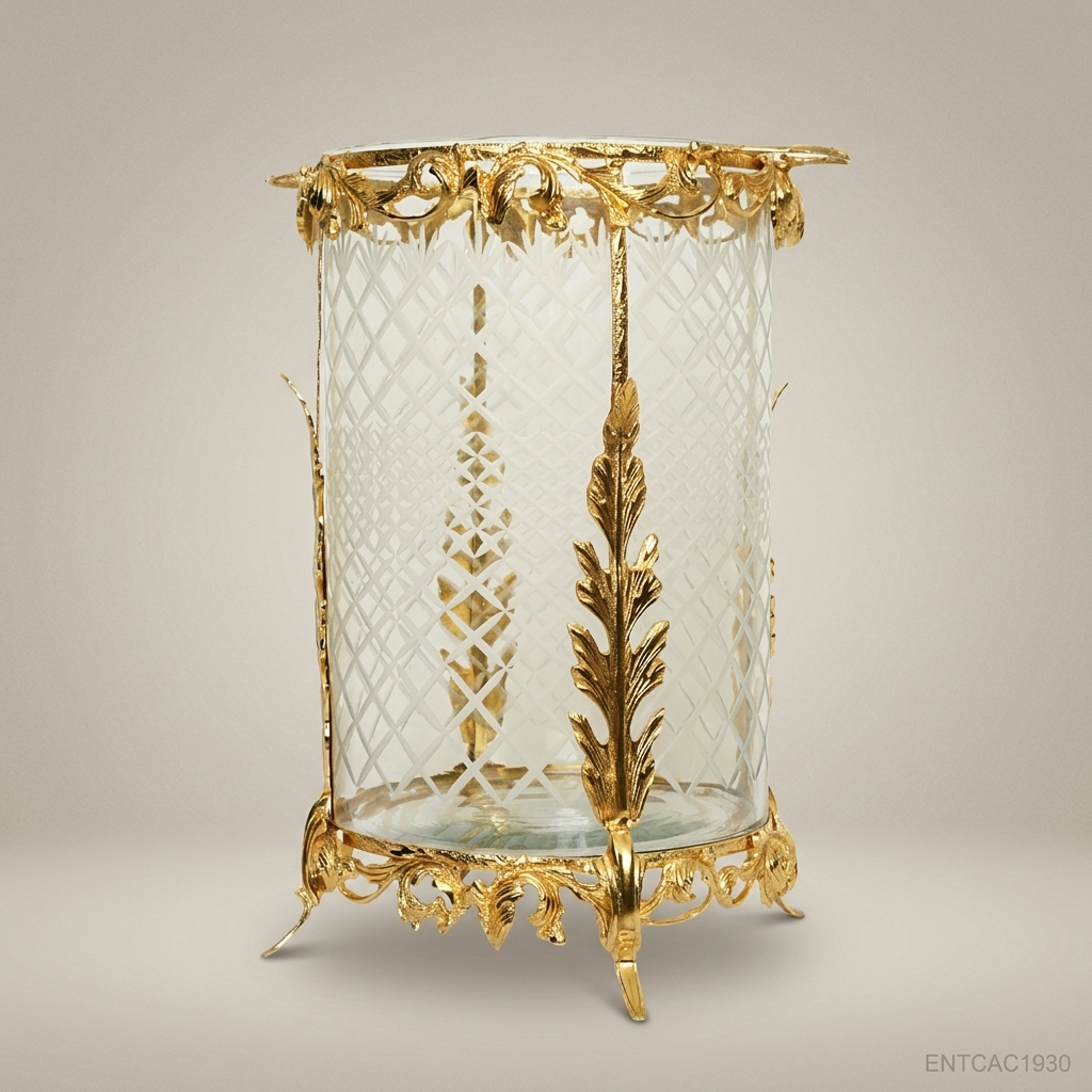 Louis XV Rococo Brass & Etched Glass Cachepot with Acanthus Frame