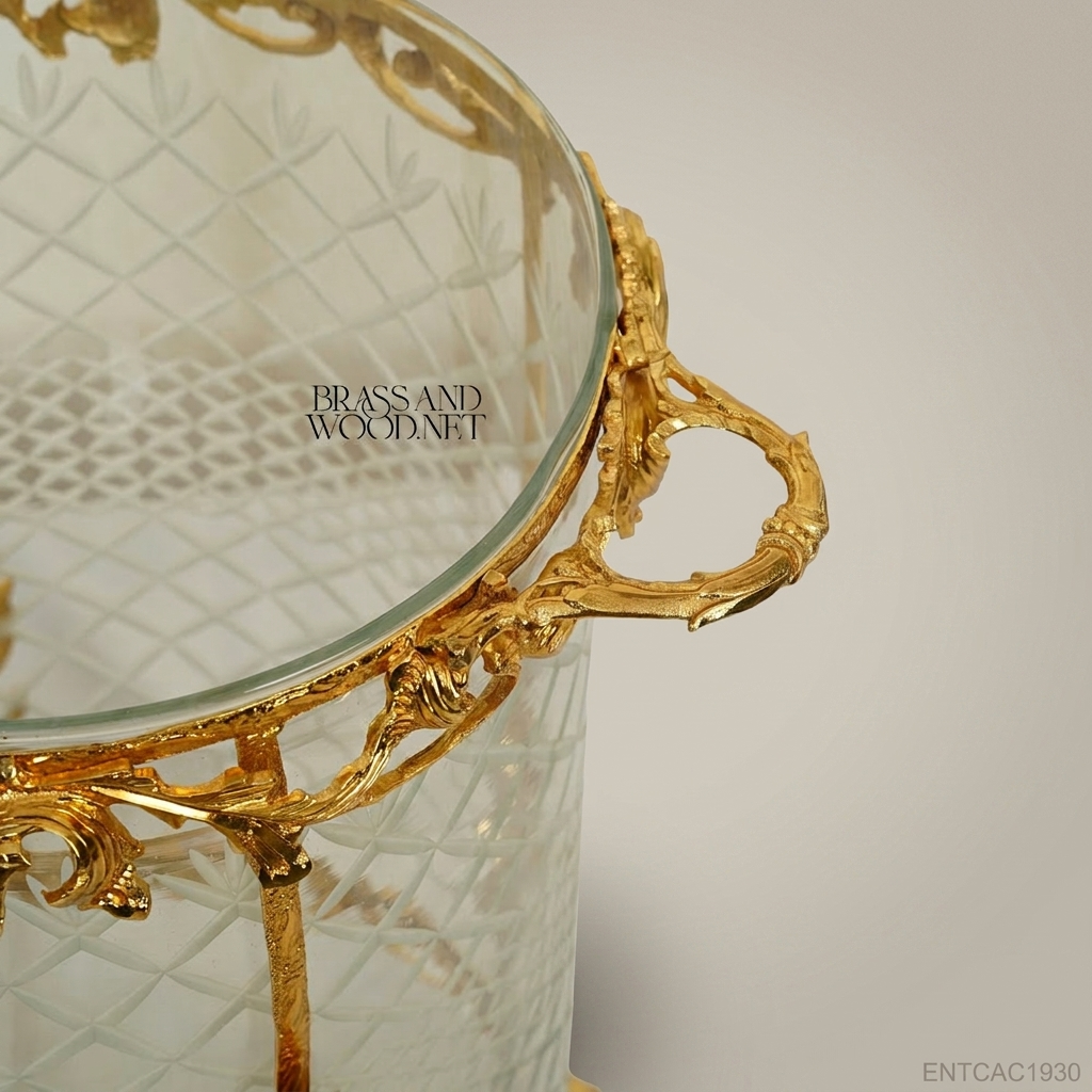 Louis XV Rococo Brass & Etched Glass Cachepot with Acanthus Frame