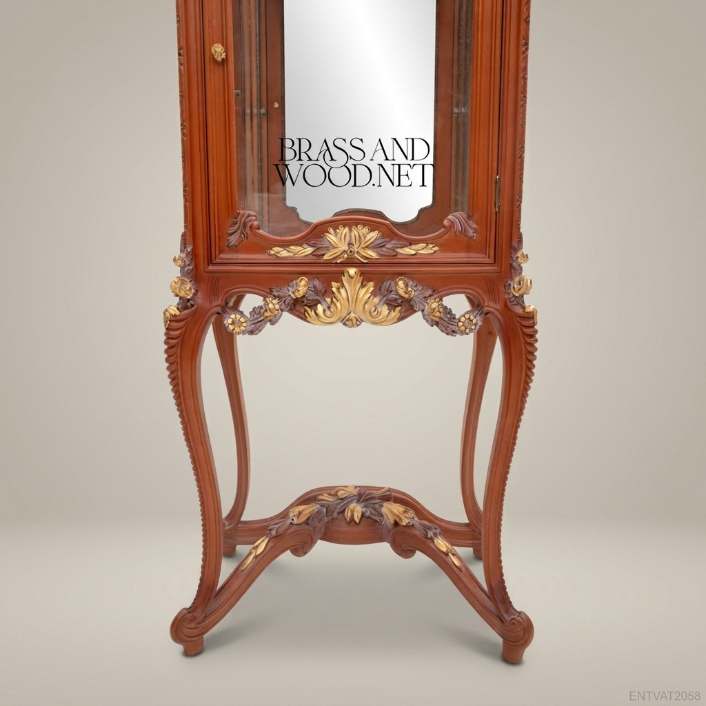 Belle Époque Hand-Carved Vitrine Cabinet with Floral Garland Crest & Gilt Acanthus Stand