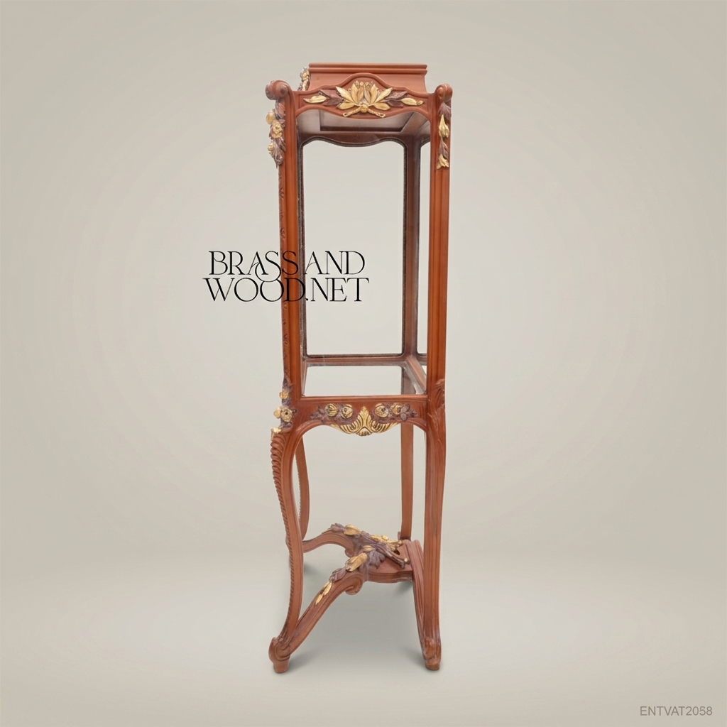Belle Époque Hand-Carved Vitrine Cabinet with Floral Garland Crest & Gilt Acanthus Stand