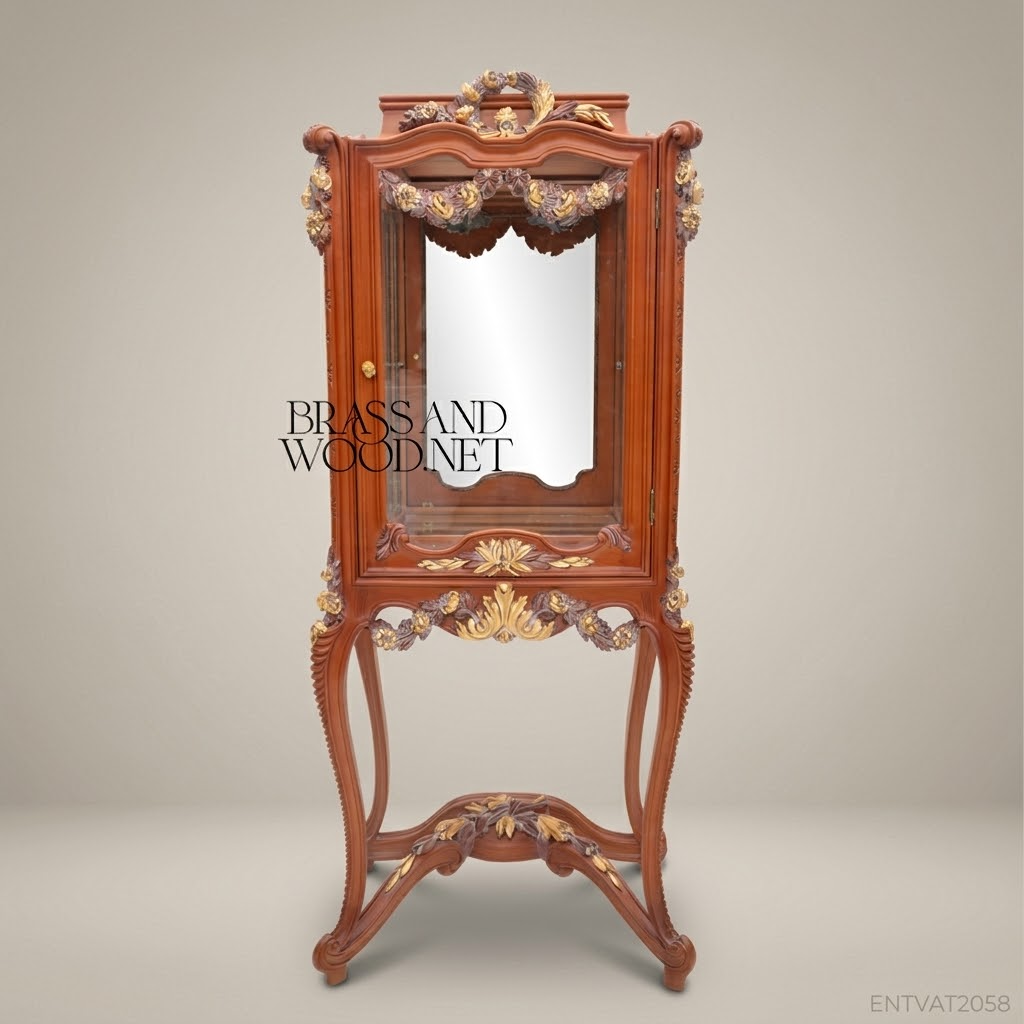 Belle Époque Hand-Carved Vitrine Cabinet with Floral Garland Crest & Gilt Acanthus Stand