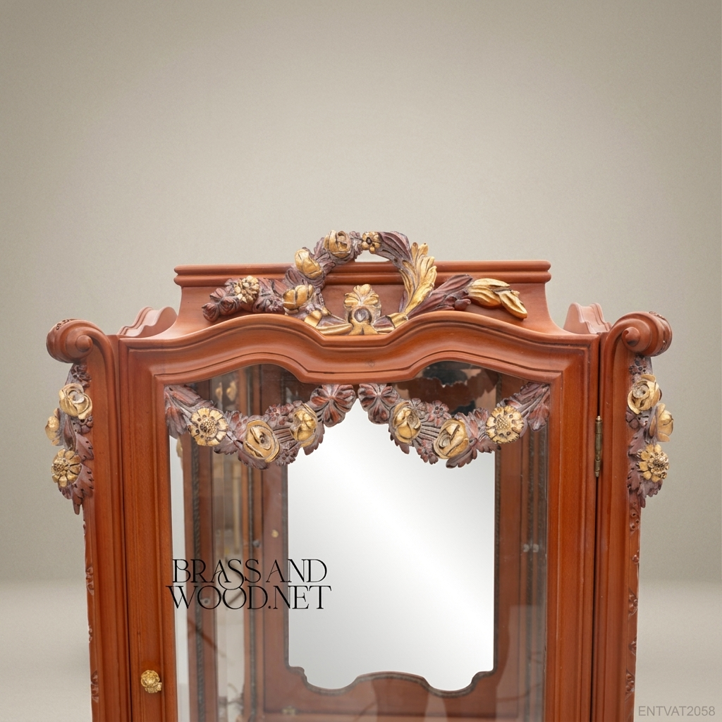 Belle Époque Hand-Carved Vitrine Cabinet with Floral Garland Crest & Gilt Acanthus Stand