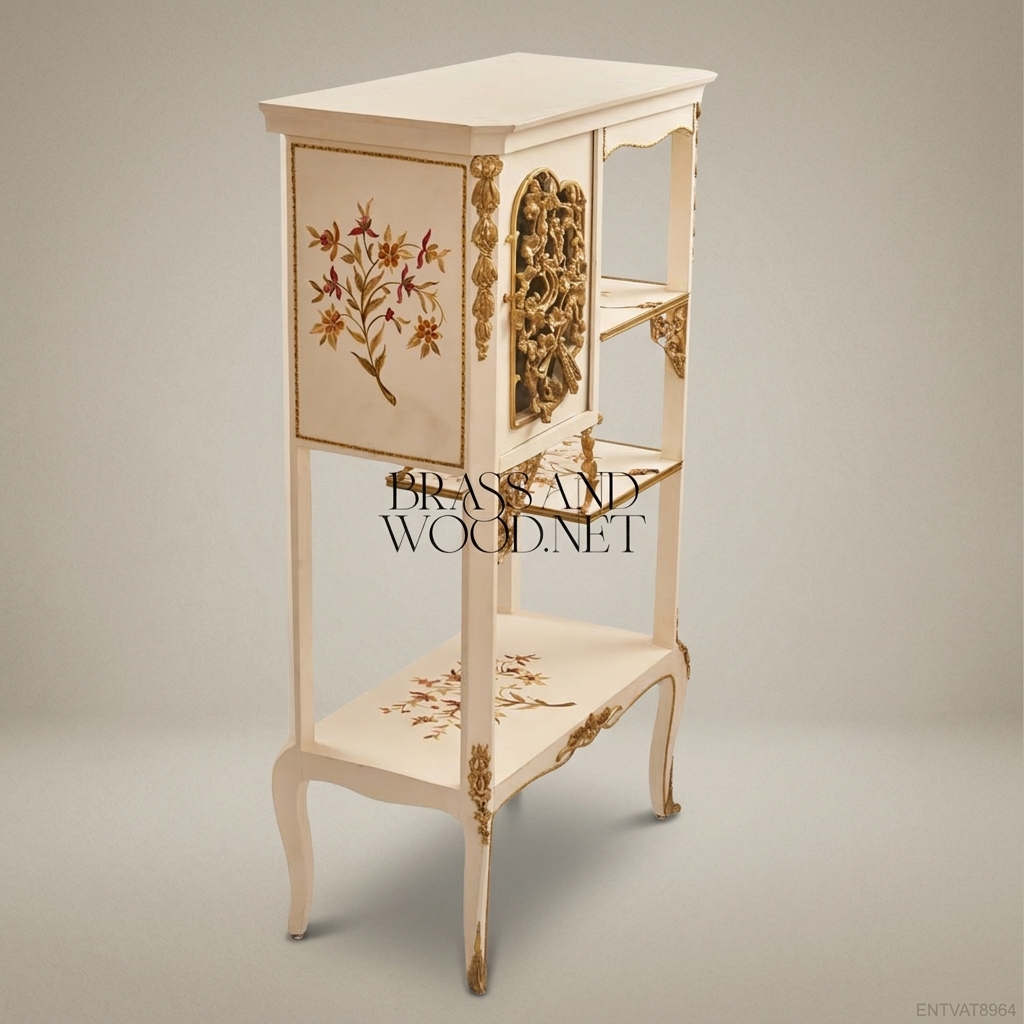 Belle Époque Ivory Painted Vitrine Cabinet with Hand-Painted Florals & Gilt Brass Mounts