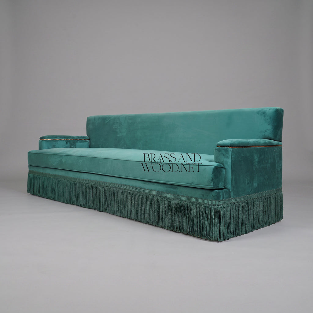 Belle Époque Teal Velvet Salon Sofa Fringe Skirt Antique Gold Nailhead Trim Three-Quarter View | Brass & Wood