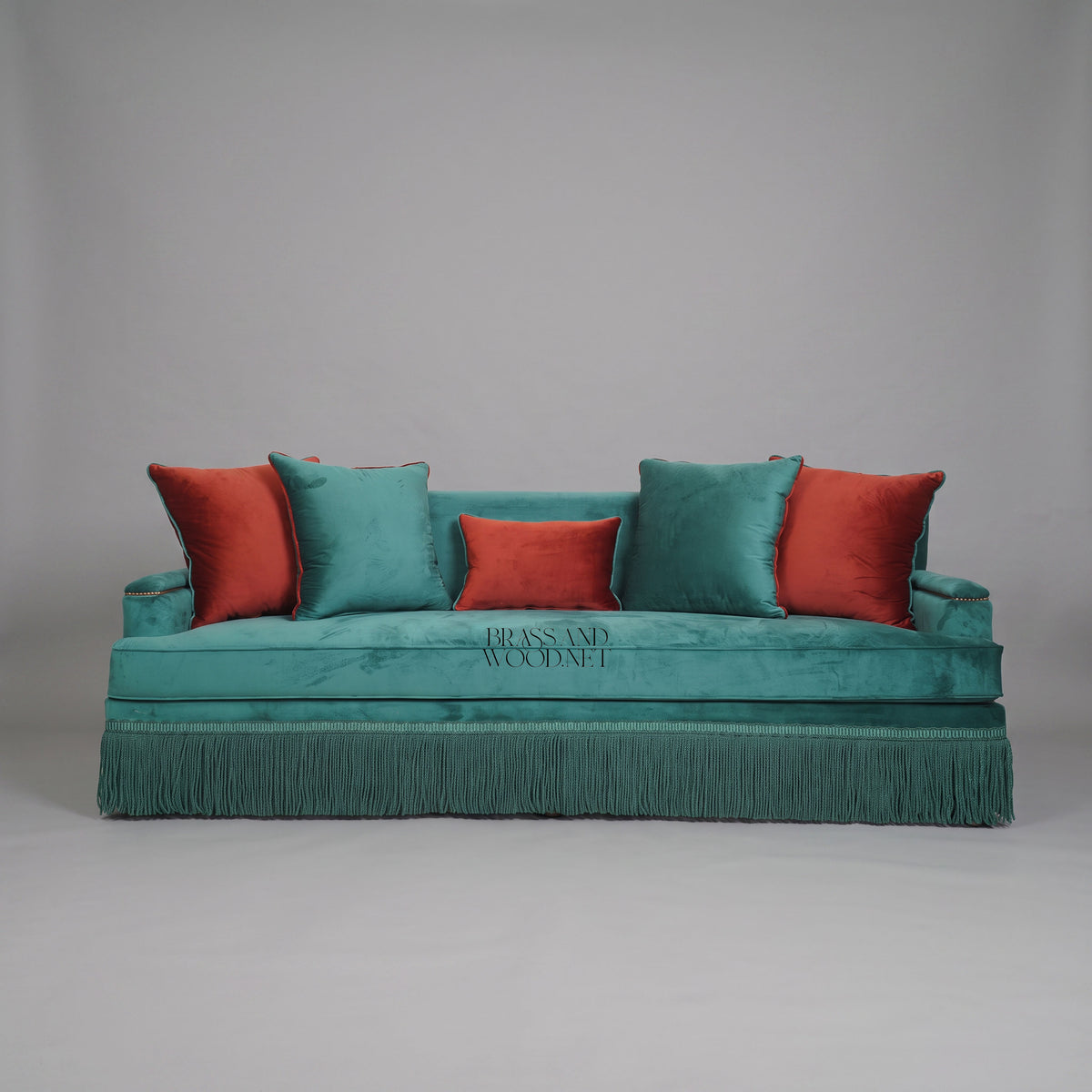 Belle Époque Teal Velvet Salon Sofa Fringe Skirt Antique Gold Nailhead Trim Front View | Brass & Wood