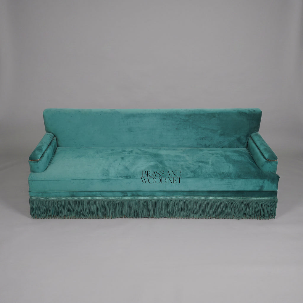 Belle Époque Teal Velvet Salon Sofa Fringe Skirt Antique Gold Nailhead Trim Front View 2 | Brass & Wood