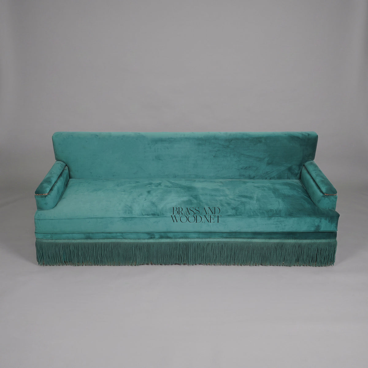 Belle Époque Teal Velvet Salon Sofa Fringe Skirt Antique Gold Nailhead Trim Front View 2 | Brass & Wood