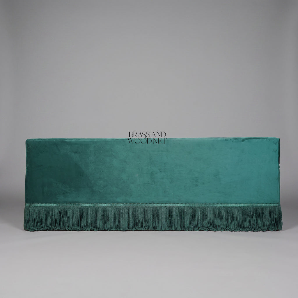 Belle Époque Teal Velvet Salon Sofa Fringe Skirt Antique Gold Nailhead Trim Back View | Brass & Wood