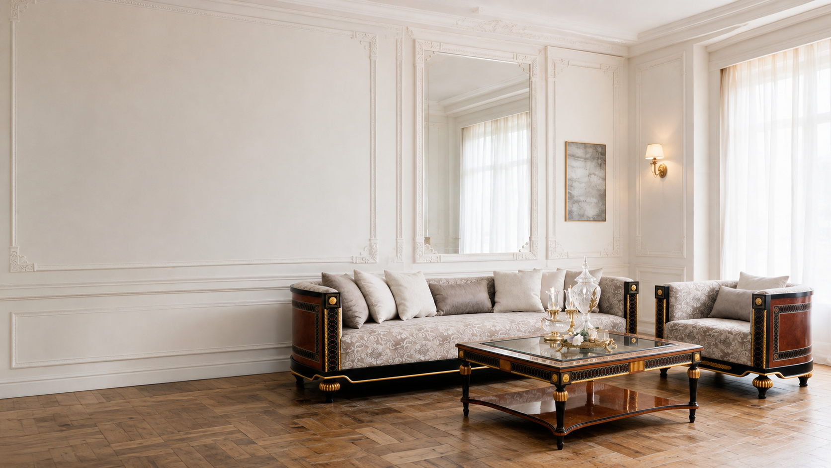 Classical salon set — carved wood and gilt brass sofa, armchair and coffee table by Brass & Wood