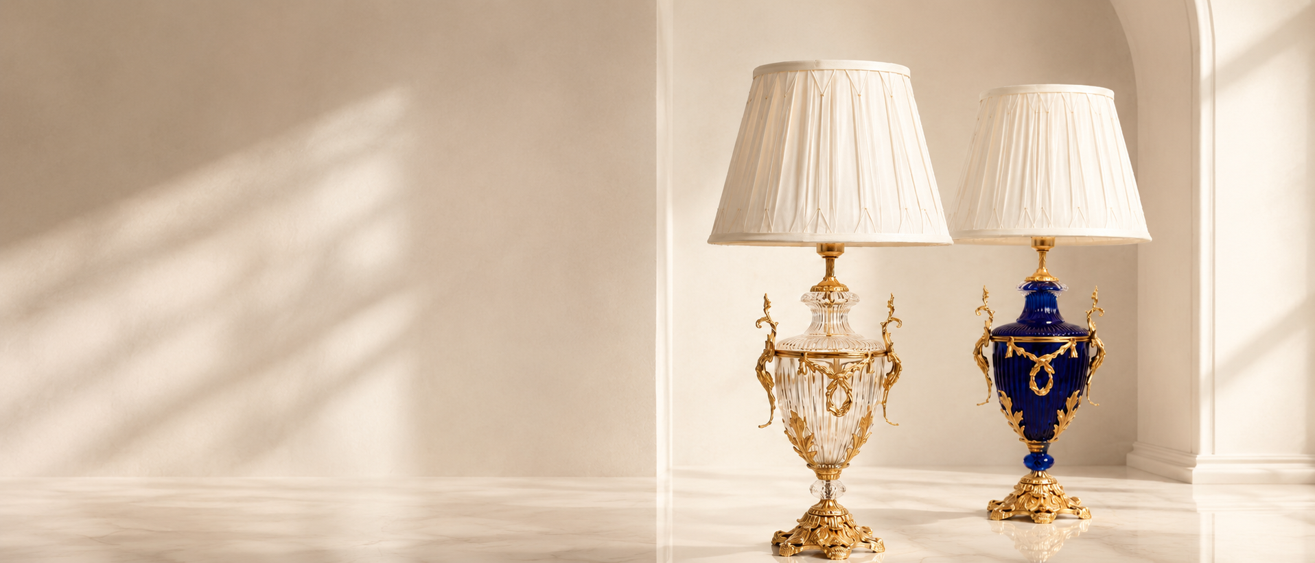 Classical table lamps in crystal and cobalt porcelain with gilt brass mounts