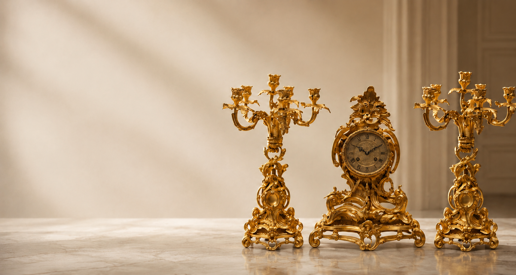 Gilt bronze clock and candelabra garniture set — one-of-one antique by Brass & Wood