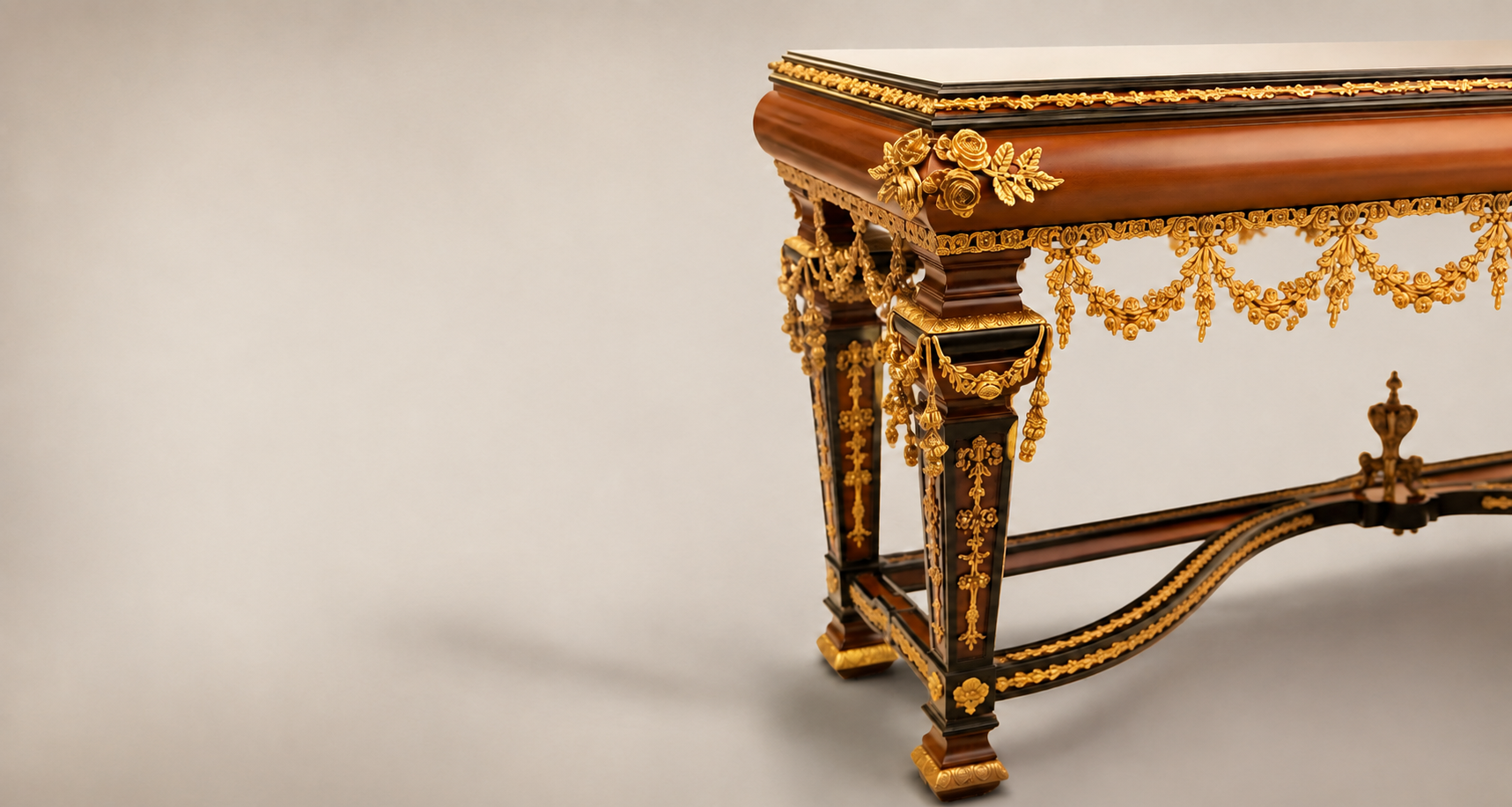 Ormolu-mounted classical console table in carved wood and chased brass