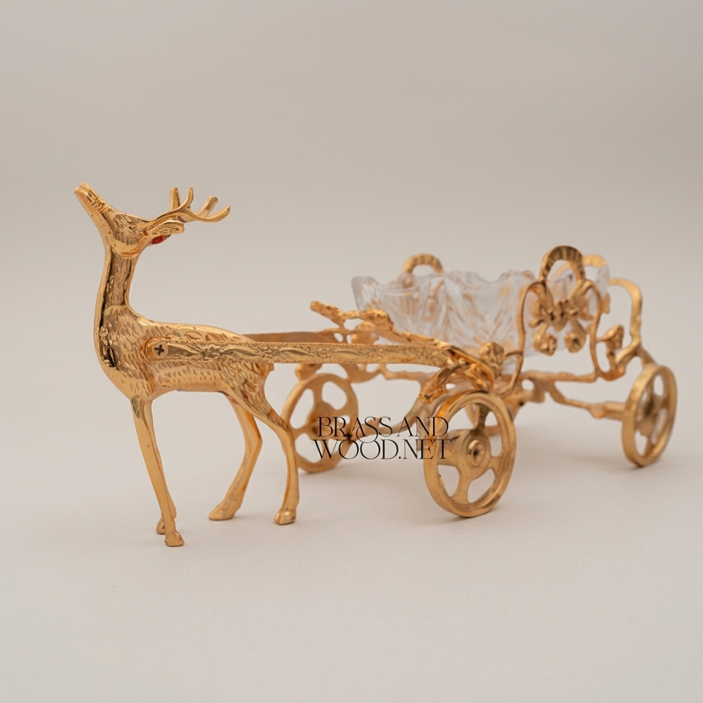 Brass & Crystal Deer ashtray  Decorative Figurine - Ornate Scrollwork Carriage