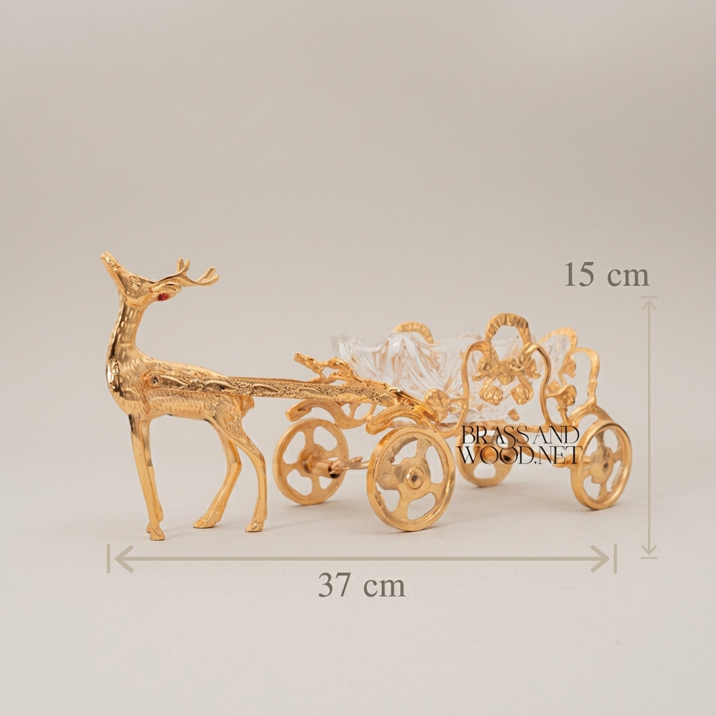 Brass & Crystal Deer ashtray  Decorative Figurine - Ornate Scrollwork Carriage — Gold